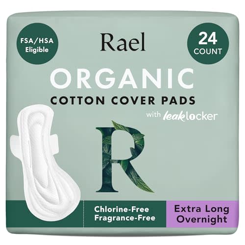 Rael Pads for Women, Organic Cotton Cover - Period Pads with Wings, Feminine Care, Sanitary Napkins, Ultimate Absorbency, Postpartum, Unscented, Ultra Thin (Extra Long Overnight, 24 Count)