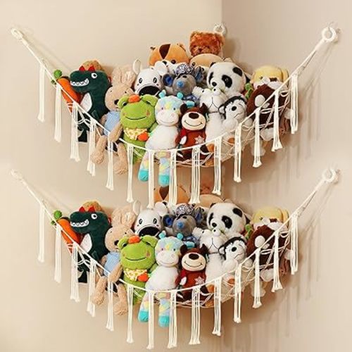 2 Pack Stuffed Animal Hammocks, Macrame Toy Storage Net for Plush Toys, Corner Nursery Hanging Organizer for Kids Bedroom and Playroom