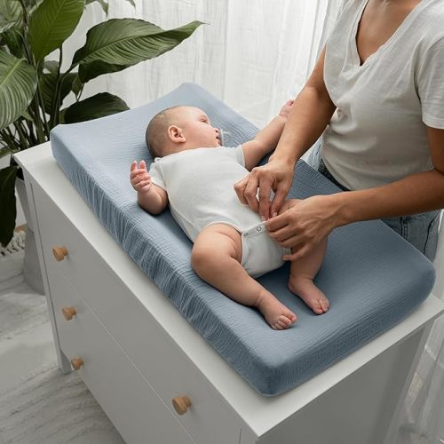 Muslin Fitted Changing Pad Cover, Extra Soft Diaper Changing Station Covers for Baby Girls Boys, Changing Pad Sheets Neutral by Comfy Cubs, Pacific Blue