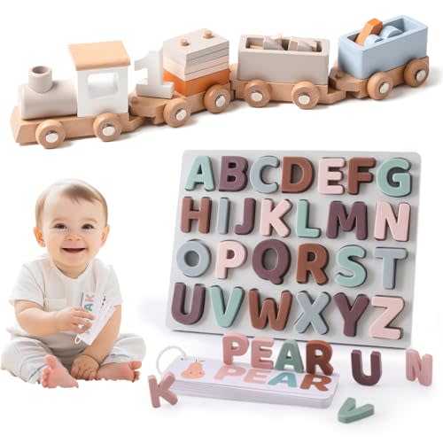 Wooden Toy Train Set for Toddlers A B C Alphabet Puzzles for 1-3 Year Old Preschool Educational Toys for Boys and Girls Birthday Gift