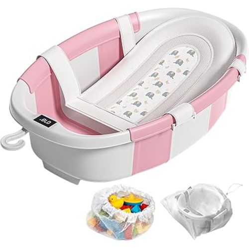 Collapsible Baby Bathtub, Baby Tubs for Newborns with Soft Cushion & Thermometer & Toy Organizer Mesh Bag, Infant Bathtub to Toddler 0-36 Months, Portable Travel Newborn Baby Bathtubs (Pink)