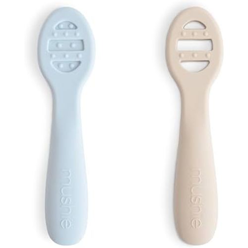 mushie Silicone First Feeding Baby Spoons | 2 Pack (Powder Blue/Shifting Sand)
