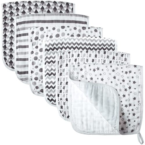 6 Pieces Large 20 x 10 Inch Muslin Burp Cloths Multi-Colors Muslin Washcloths Baby Burping Cloth Diapers 6 Absorbent Layers Muslin Face Towels for Baby (White, Grey, Geometric Patterns)