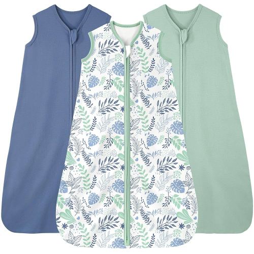 Baby Sleep Sack 0-6 months, 100% Cotton Sleeping Sack for Newborn and Infant, 3 Pack Baby Wearable Blanket, 0.5 Tog Lightweight Double Zipper Sleep Bag Blue Leaf
