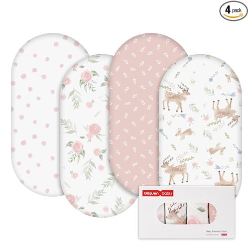 Gllquen Baby Bassinet Sheets 4 Pack, Breathable Cozy Fitted Mattress Sheet, Elastic Travel Crib Fashionable Floral Pattern, Standard Cradle Safe Sheets for Baby Boys Girls 32"x16"(Deer & Rose)