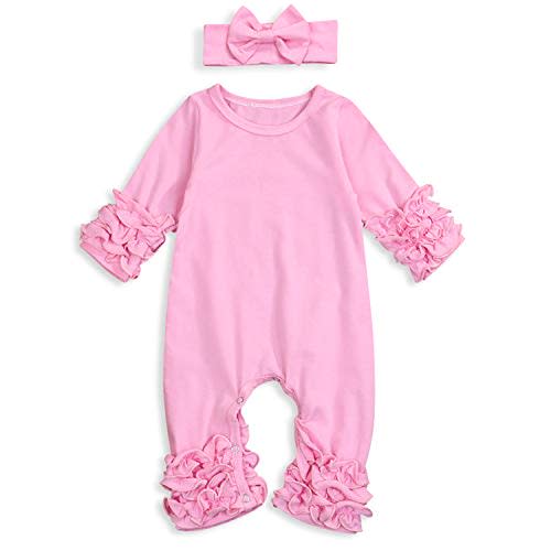 GRNSHTS Newborn Baby Girls Ruffle Romper Solid Long Sleeve Jumpsuit One-Piece Coming Home Clothes With Headband
