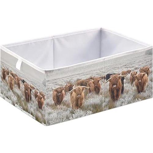 linqin Scottish Highland Cow Print Rectangle Storage Basket, Foldable Open Storage Bins Baby Nursery Toy Organizing with Handles for Shelves Closet Home Decor