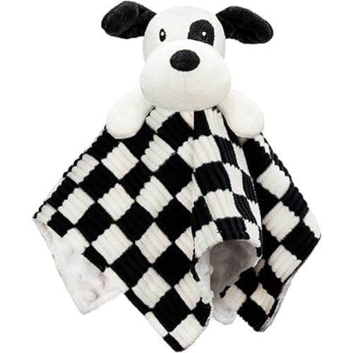 Baby Security Blanket for Boys Girls, High Contrast Super Soft 3D Checkerboard Gingham with Minky Dot Fabric Backing Snuggle Stuffed Animal Blankie Puppy Lovely Black 14 Inch