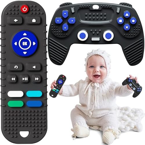 2 Pack Remote Control and Game Controller Teething Toys for Baby 3 Months and Up, Chew Toys for Boys and Girls Gifts (Black) - A1 Black