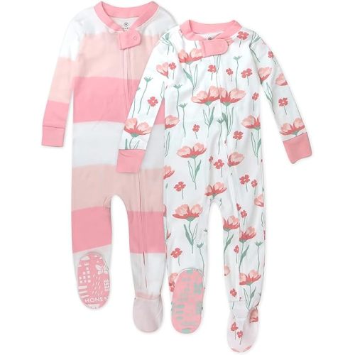 HonestBaby 2-Pack Non-Slip Footed Pajamas One-Piece Sleeper Jumpsuit Zip-Front Pjs 100% Organic Cotton for Baby Girls