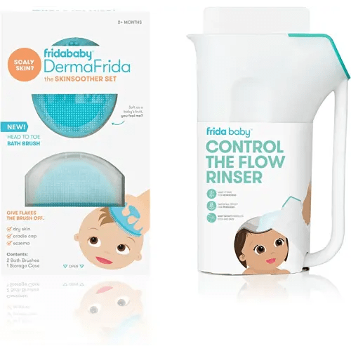 FridaBaby Control The Flow Rinser + DermaFrida The SkinSoother Silicone Brush | Bath Time Essentials