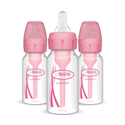 Dr. Brown's Natural Flow Anti-Colic Options+ Narrow Baby Bottles, 4oz/120mL, with Level 1 Slow Flow Nipples, 3-Pack, Pink, 0m+