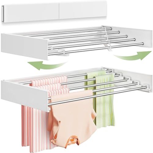 Wall Mounted Clothes Drying Rack 32", Foldable Wall Mount Laundry Rack Folding Indoor, Drying Rack Clothing Collapsible, Hidden Space Saver with Wall Template, 5 Rods, White