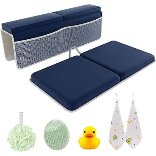 Bath Kneeler and Elbow Kneeling Rest Pad Set for Baby Bathing – Waterproof Soft Memory Foam Mat Organizer Pockets Quick Drying Foldable Non-Slip for Baby & Toddler Bath Time Toys Sponge Cloth (Blue)