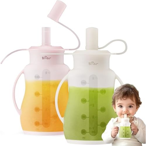 Bear Reusable Silicone Baby Food Pouches, 2 Pack Refillable Squeeze Pouch for Toddlers, Baby Food Containers Dishwasher&Freezer Safe | Make Homemade Organic Food for Babies, 5oz, 6m+
