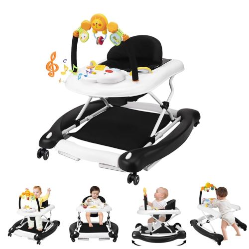 Baby Walker with Wheels, 5 in 1 Baby Walkers for Boys Girls 6-12 Months, Foldable Walker Baby with Bouncer & Feeding Tray, Music, Adjustable Heights