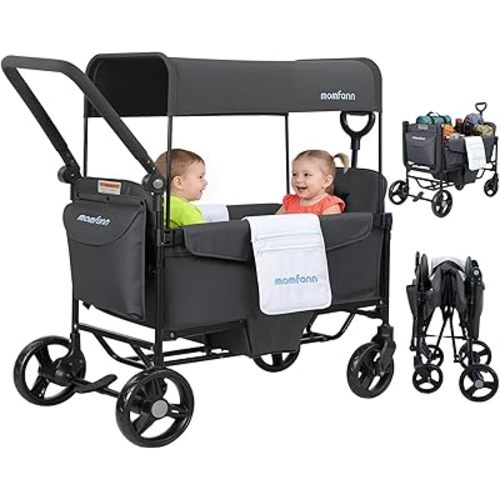MOMFANN Wagon Stroller for 2 Kids, All-Terrain Foldable Baby Wagon with Adjustable Push & Pull Handle, 5-Point Harness, Removable Canopy, Footwell & Large Storage Bag -Gray