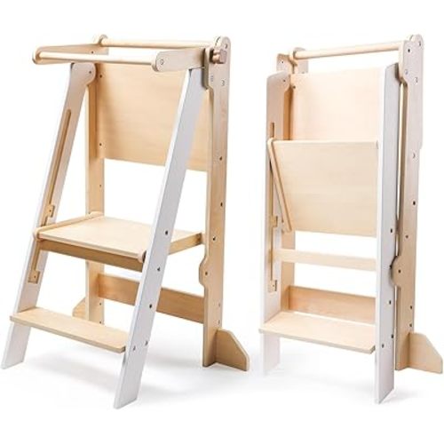 Dorjee Toddler Tower, Kitchen Stool Helper, Foldable Step Stool for Toddlers, Toddler Standing Tower for Kitchen Counter Bathroom Learning New Skills White