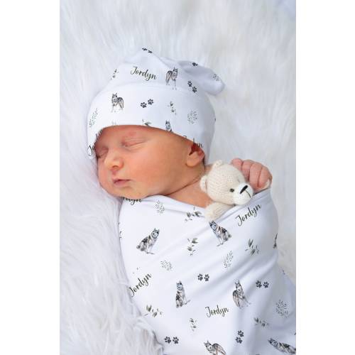 Husky Swaddle Custom Baby Boy Girl Personalized Siberian Husky Swaddle Blanket Hat Receiving Blanket Newborn Coming Home Outfit | Greenery