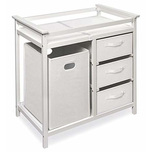 Badger Basket Modern Baby Changing Table with Laundry Hamper, 3 Storage Drawers and Pad, Diaper Change Station - Fresh White/White
