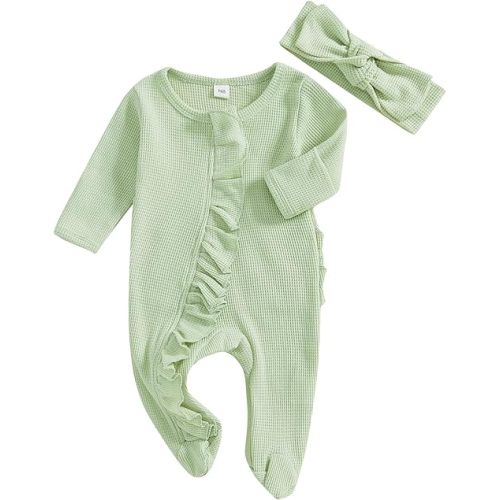 Newborn Baby Romper Infant Girl One-piece Outfit Waffle Ruffle Zip Footie Spring Summer Clothes With Bow Headband