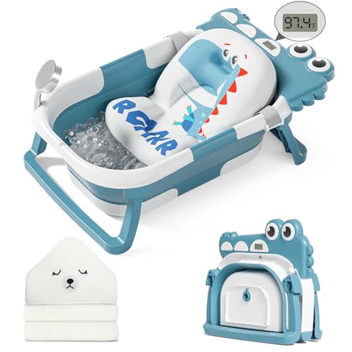 MoreFeel Collapsible Baby Bathtub for Newborn with Thermometer & 1 Hooded Towel & 1 Soft Floating Cushion,Portable Travel Bathtub with Drain Hole, Durable Foldable Baby Tubs for Infants to Toddler