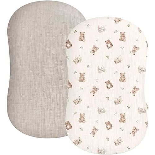 Muslin Baby Lounger Cover 2 Pack, Soft Breathable Newborn Lounger Pillow Cover for Boys Girls Infant (Teddy & Friends)