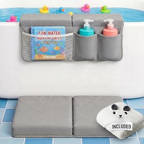 2inch XL Baby Bath Kneeler and Elbow Rest Pad Set + Hooded Towel - Embroidered Kneeling Pad for Bathing Baby - Dual-Layer Memory Foam Bathtub Kneeler and Elbow Rest Set