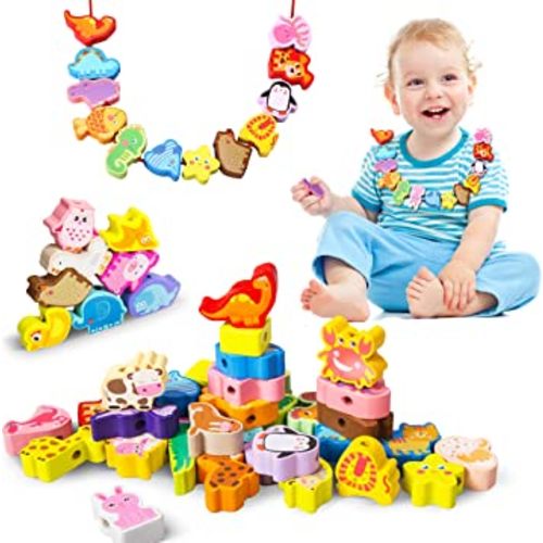 Montessori Educational Wooden Lacing Beads Toys for Toddler 3 4 5 Year Old, Farm Animals Dinosaur Fish Threading Toys Preschool Stringing Fine Motor Skills Toy for Boys Girls