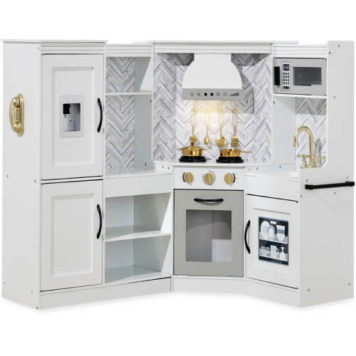 Best Choice Products Pretend Play Corner Kitchen, Interactive Wooden Kids Set w/ Lights & Sounds - White