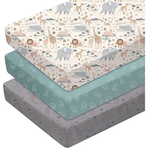 Pack and Play Sheets Fitted 3 Pack, Mini Crib Sheets for Pack N Play Mattress Stretchy Portable Playard Sheets, Soft Breathable Elephant