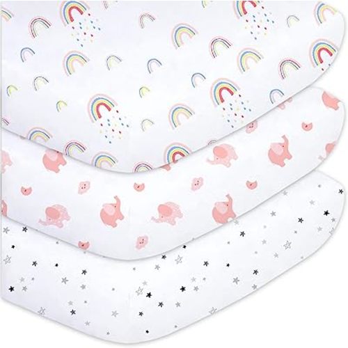 Plushii Crib Sheets for Baby Girls 3 Pack, 28"x 52" Extra Soft Microfiber Crib Sheet Set for Baby Crib Mattress Sheet & Toddler Mattress Pad, Rainbow & Elephant & Stars