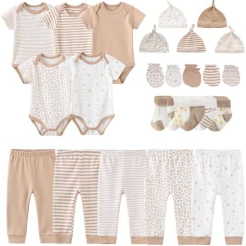 Newborn Layette Gift Set Bodysuits Pants for Baby Girl and Boy 24 Piece 100% Cotton Essentials and Accessories