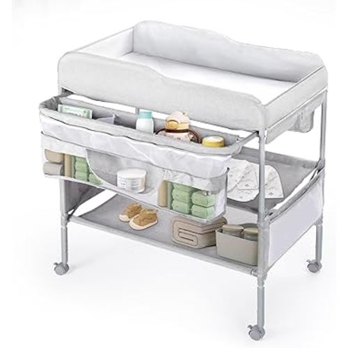 Portable Baby Changing Table, Foldable Diaper Changing Station with Waterproof Pad, Mobile Nursery Organizer for Infant & Newborn Essentials, Grey