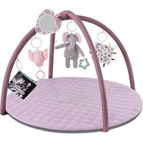 Blissful Diary Baby Play Gym Mat, Tummy Time Activity Mat with 6 Detachable Toys for Stage-Based Sensory & Motor Skill Development, Easy to Install & Clean, Baby Essentials Gift, Lavender Pink