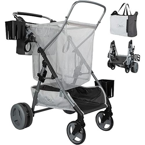 Large Wheeled Collapsible Beach Cart for Soft Sand, Fishing, Camping & Garden- Lightweight Rust-Free Aluminum Frame- Removable Personal Item Storage, X-L Capacity & Cooler Rack- Best Grey