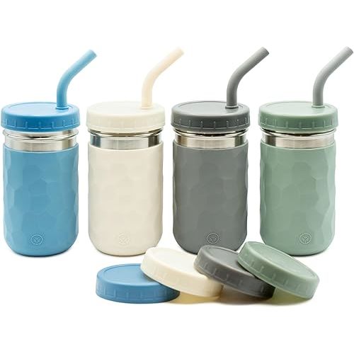 WeeSprout 2-in-1 Drinking Cups for Kids, Durable Stainless Steel Tumbler for Smoothies, Silicone Straws with Stoppers, Premium Plastic Twist Lids, Easy-Grip Sleeves, Set of 4 Dishwasher Safe Kid Cups