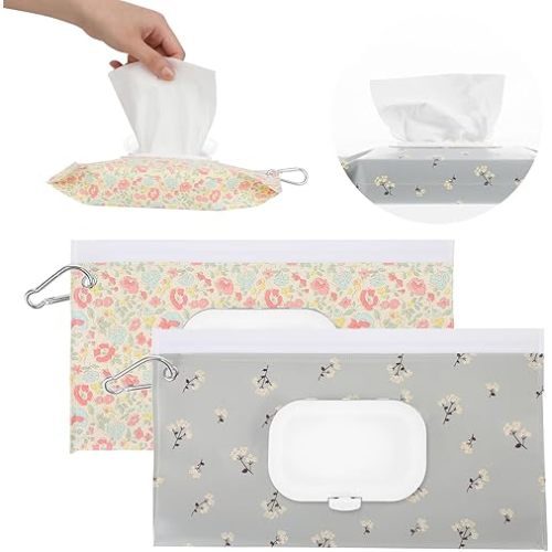 2 Pack Reusable Wipes Pouch Baby Wipe Holder Portable Wet Wipes Dispenser Refillable Travel Baby Wipes Case Waterproof and Dustproof, Baby Wipes Holder Keeps Wipes Fresh