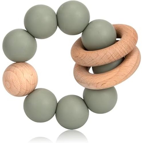 Silicone Baby Teether, Food Grade Silicone & Beech Baby Teething Toy, BPA Free (Olive)