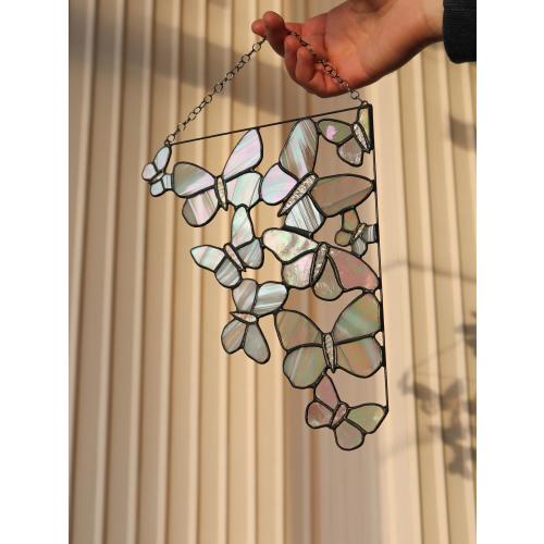 Mother's Day Gift Stained glass window hangings, White Corner Butterfly Panel Suncatcher Home House Decor Wall Decoration Art Picture