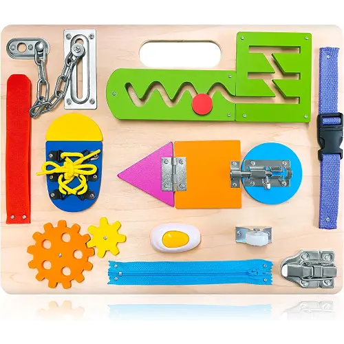 Montessori Busy Board for Toddlers, Wooden Sensory Toys, Preschool Learning Activities for Fine Motor Skills Travel Toy, Basic Life Skills Educational Gifts for 1 2 3 Years Old Kids Boys Girls