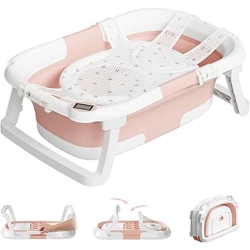 Collapsible Baby Bathtub,Baby Bath Tub with Soft Cushion & Thermometer,Baby Bathtub Newborn to Toddler 0-36 Months,Portable Travel Baby Tub