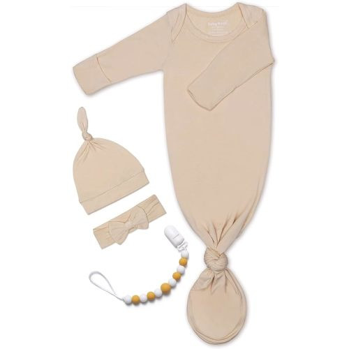 Baby Noah Knotted Gown with Hat and headband &Clip - Creamy Brown+yellow Clip - 0-3 Months
