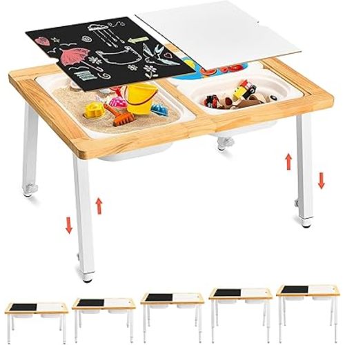 SAUCE ZHAN Sensory Table for Toddlers, Kids Table with 3 Bins Writable Lids, Adjustable Height Play Table, Preschool Table for Outdoor Indoor Use, Sand and Water Table Children's Desk Dining Table