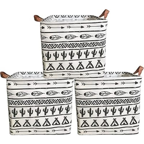 KRLIFCSL 3 Pieces 13 Inch Square Storage Bin, Fabric Folding Storage Baskets with Handles, Storage Organizer for kid's Toy & Baby Clothing - Laundry Basket/ Nursery Hamper (3 Black Cactus)