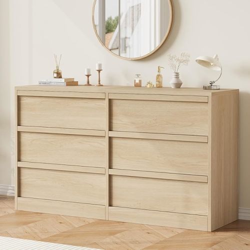 Garveehome 6 Drawer Dresser for Bedroom, Modern Double Dresser Organizer with 6 Drawers Large Storage, Wooden Chest of Drawers for Living Room, Nursery, Hallway - Natural