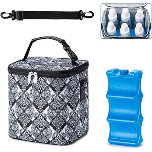 Breastmilk Cooler Bag with Ice Pack Fits 6 Baby Bottles Up to 9 Ounce, Baby Bottle Bag with Shoulder Strap for Nursing Mom Daycare, Black