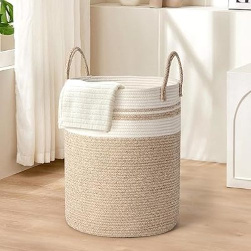 Tall Laundry Basket with Handles, Laundry Hamper Storage Basket for Living Room, Bedroom, Bathroom, Large Woven Blanket Basket for Pillows Towels, Shoes, Round (Brown and White) 15 * 15 * 20