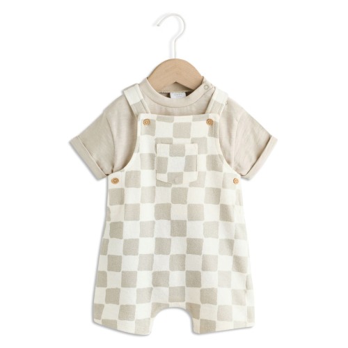 Wobbling Checkerboard Knit Overalls & Bodysuit Set, 0-1M
