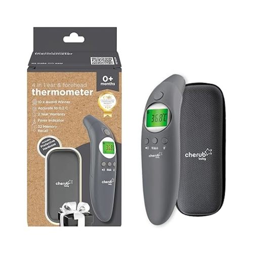 Cherub Baby 4-in-1 Ear and Forehead Thermometer | Digital Infrared Body Temperature Device for Baby, Infant & Family | No Probe Covers Needed | Night Mode Flashlight & Silent | TGA Listed